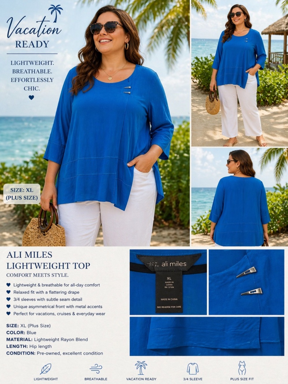 Ali Miles Blue Plus-Size Lightweight Asymmetric Tunic